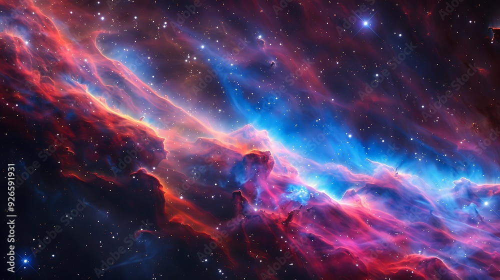 Obraz premium The aftermath of a supernova, with colorful gas clouds and debris expanding into space, seen from a nearby moon, vibrant blues, reds, and purples,