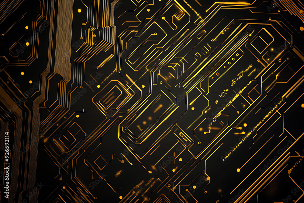 A modern abstract design featuring gold lines and dots representing network science and technology on a high-tech dark background. Ideal for templates, web design, and presentations