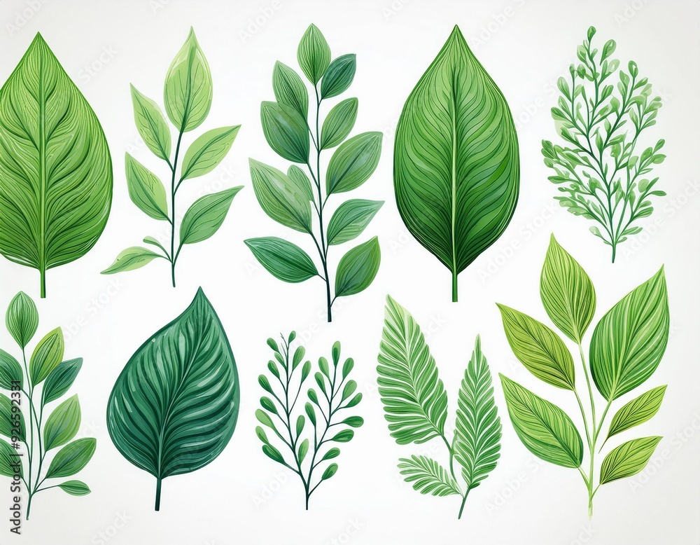 Plant green element set nature design summer watercolor leaves botany