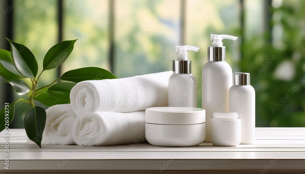 Pure Refreshment Tranquil Spa Retreat with White Cosmetics Set on Fresh, Clean Tabletop Pure Refreshment Tranquil Spa Retreat with White Cosmetics Set on Fresh, Clean Tabletop