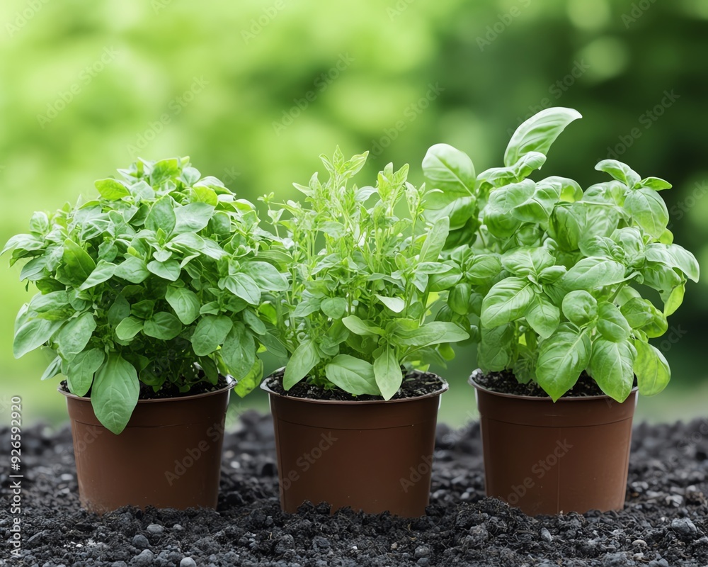 Three potted herbs in a garden setting. Three potted herbs in a garden setting.