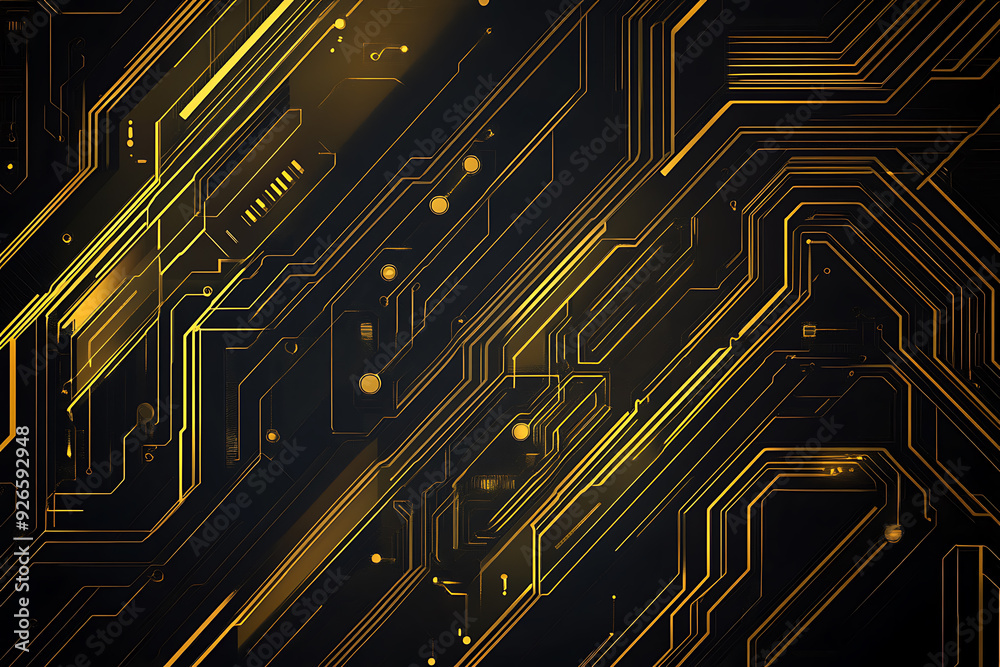 A modern abstract design featuring gold lines and dots representing network science and technology on a high-tech dark background. Ideal for templates, web design, and presentations A modern abstract design featuring gold lines and dots representing network science and technology on a high-tech dark background. Ideal for templates, web design, and presentations