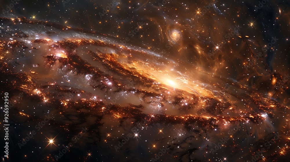 Naklejka premium The heart of the Milky Way galaxy, dense clusters of stars and a supermassive black hole, viewed from a nearby star system, bright light and dark voids,