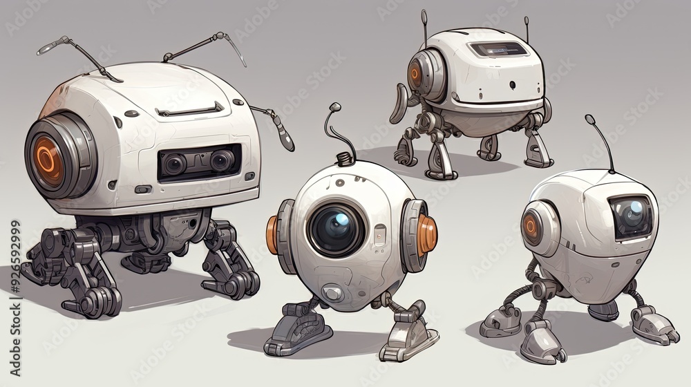 A collection of futuristic robot designs in various shapes and sizes. A collection of futuristic robot designs in various shapes and sizes.