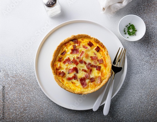 Quiche Lorraine pie with beechwood smoked bacon, creamy Cheddar cheese and free-range egg in shortcrust pastry on a white plate and modern white background. Flat-lay or top view banner with copy space