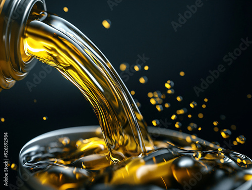 Golden Liquid Pouring into a Container. photo