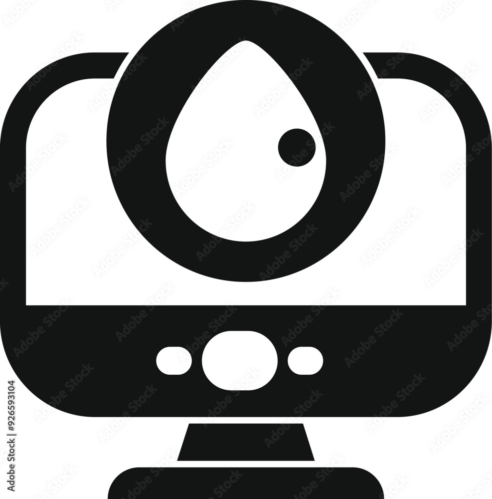 Obraz premium Black and white icon of a computer screen displaying a water drop, symbolizing water analysis or monitoring