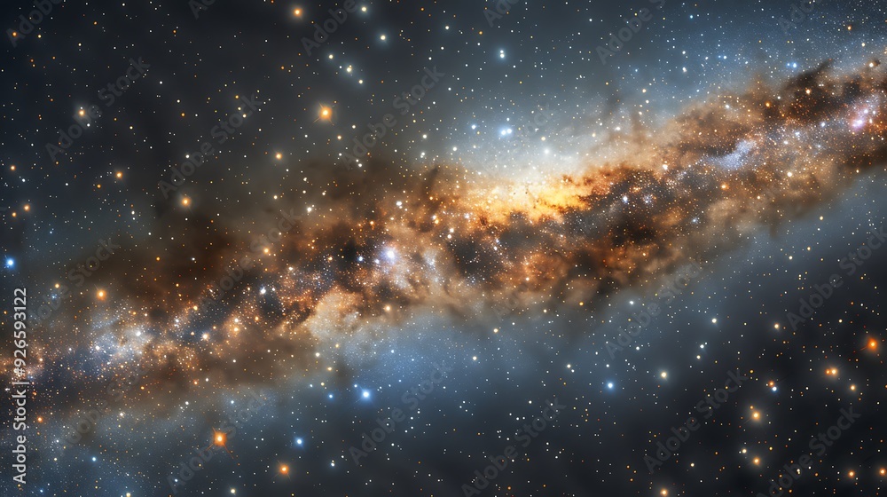 Obraz premium The heart of the Milky Way, showcasing dense clusters of stars, with a supermassive black hole at the center, viewed from a nearby star system, intense light and shadow play,