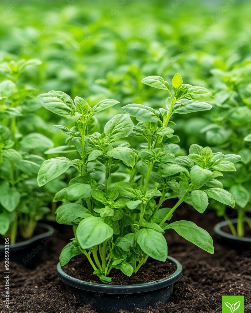 Close-up of vibrant green basil plants in pots. Close-up of vibrant green basil plants in pots.