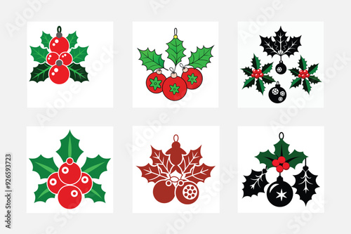 Christmas holly ornaments silhouette vector illustration 