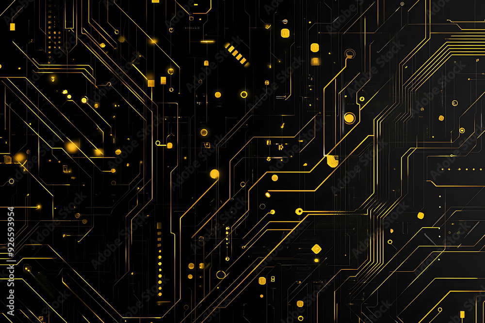 A modern abstract design featuring gold lines and dots representing network science and technology on a high-tech dark background. Ideal for templates, web design, and presentations A modern abstract design featuring gold lines and dots representing network science and technology on a high-tech dark background. Ideal for templates, web design, and presentations