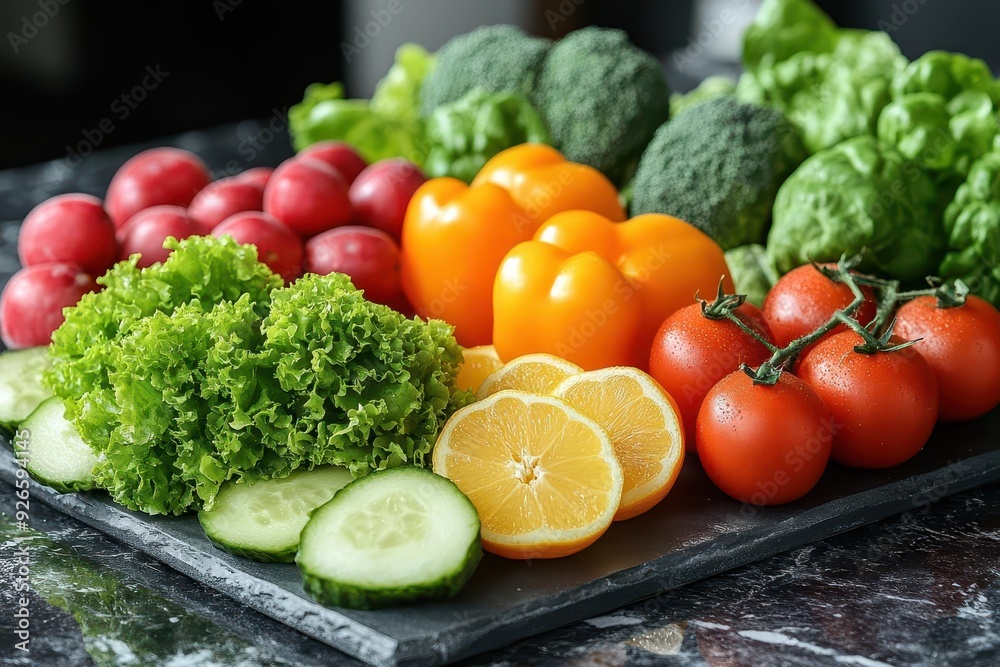 vibrant assortment of fresh fruits and vegetables on marble kitchen counter variety of colors and textures natural lighting appetizing arrangement vibrant assortment of fresh fruits and vegetables on marble kitchen counter variety of colors and textures natural lighting appetizing arrangement