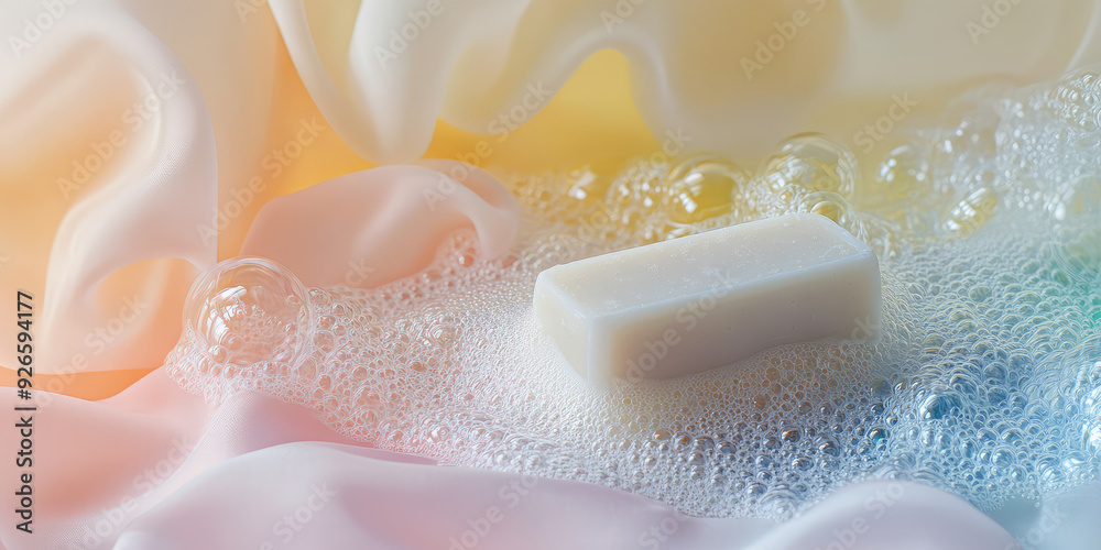 White soap bar and foam bubbles on pastel colored background with copy space White soap bar and foam bubbles on pastel colored background with copy space
