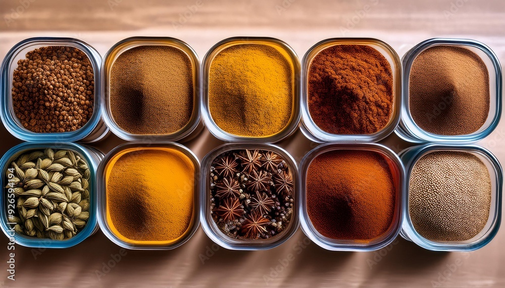 Spices in containers on a table, creating a colorful pattern. Spices in containers on a table, creating a colorful pattern.