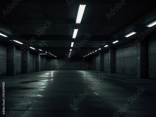 Sci fi looking dark and moody underground parking lot with fluorescent lights on. Concrete wall