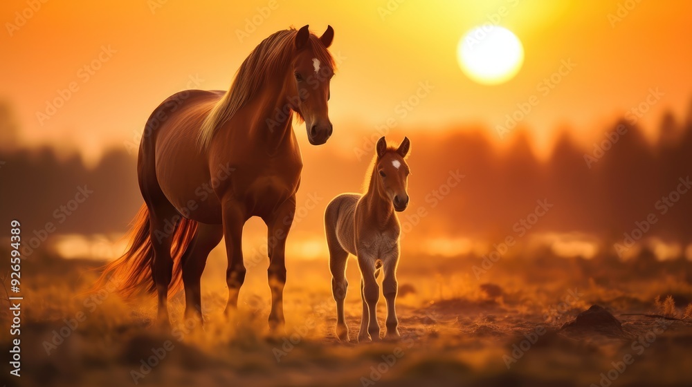 Silhouette of Two Horses Grazing in Golden Sunset Landscape Silhouette of Two Horses Grazing in Golden Sunset Landscape