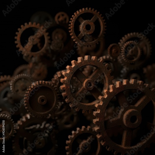 Wallpaper Mural Rust programming language concept with rusty gears emerging from the dark , symbolizing robust and efficient coding . Torontodigital.ca