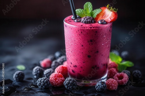 vibrant berry smoothie in sleek glass dark moody background with dramatic side lighting droplets of condensation fresh berries and mint garnish commercialstyle product photography photo