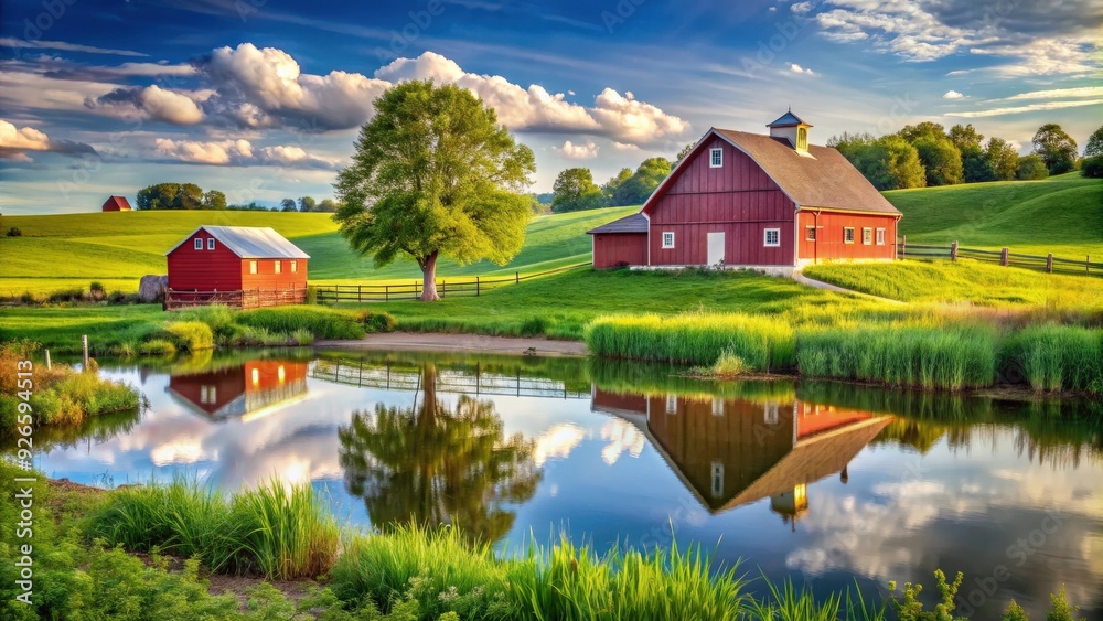 Idyllic American countryside scene in the summer , rural, farm, fields, barn, tractor, blue sky, grass, trees Idyllic American countryside scene in the summer , rural, farm, fields, barn, tractor, blue sky, grass, trees