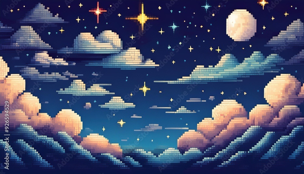 Starry night sky in pixel art style. Features moon, clouds, and bright ...