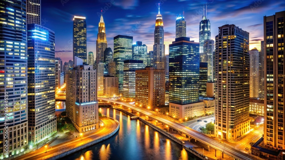 Night time in the bustling city of Chicago with skyscrapers and bright lights , Chicago, night, cityscape, urban Night time in the bustling city of Chicago with skyscrapers and bright lights , Chicago, night, cityscape, urban