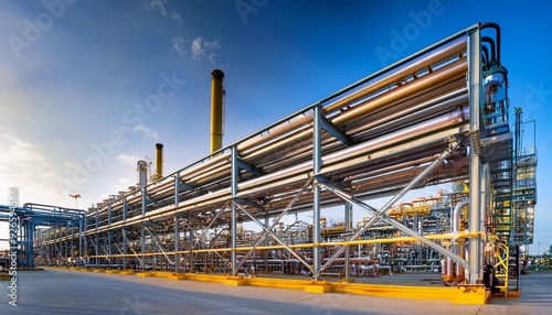 Steel racks hold long pipes and support machinery in a large refinery. These racks are used in the petrochemical industry, where chemicals like methanol are produced.