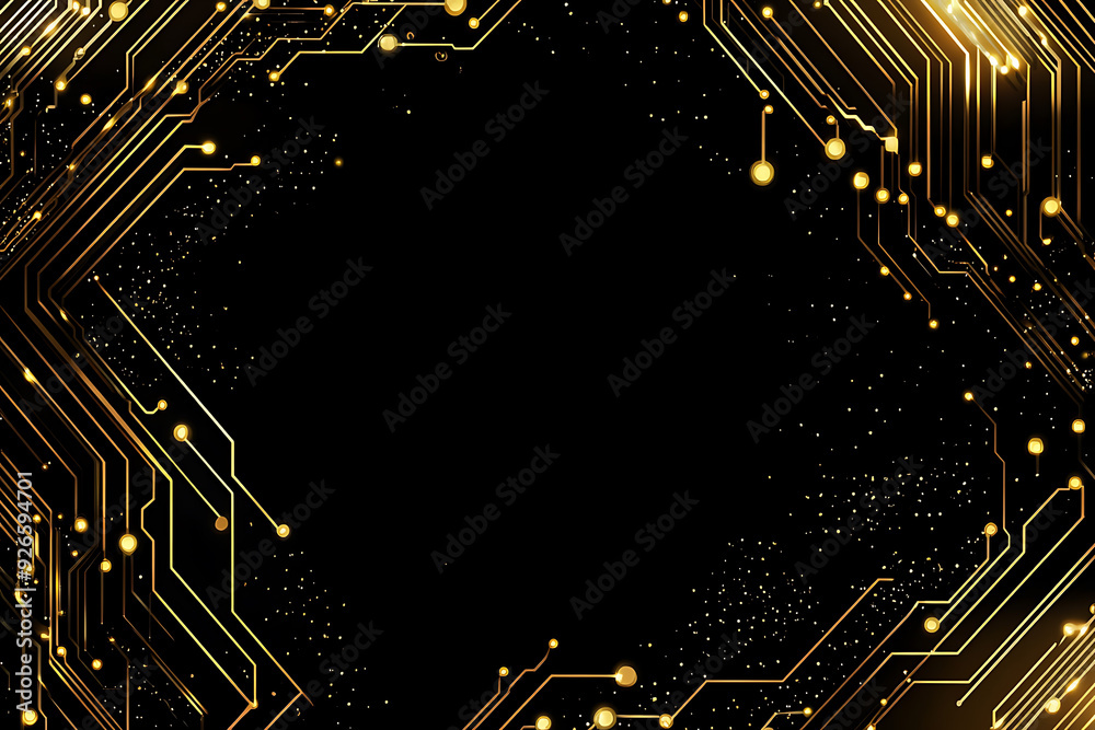A modern abstract design featuring gold lines and dots representing network science and technology on a high-tech dark background. Ideal for templates, web design, and presentations