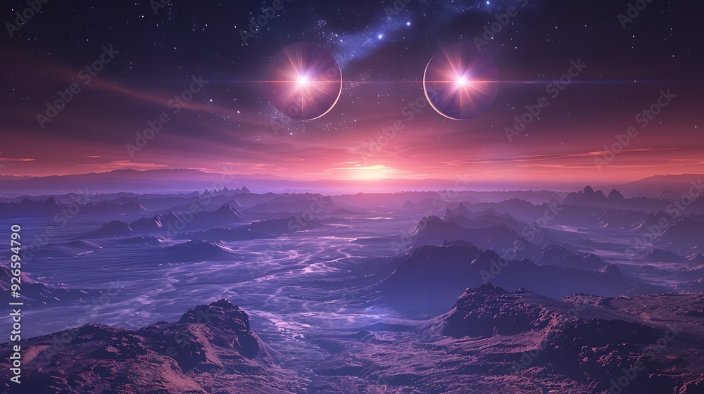 Two stars orbiting each other in a binary star system, casting dual shadows on a desolate planet, vibrant hues and dramatic lighting, viewed from an orbiting spacecraft, Two stars orbiting each other in a binary star system, casting dual shadows on a desolate planet, vibrant hues and dramatic lighting, viewed from an orbiting spacecraft,