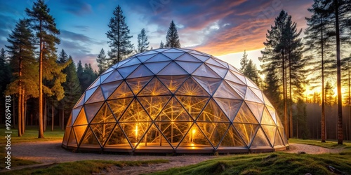Geodesic dome illuminated at twilight in forest with stunning views , geodesic, dome, twilight, illuminated, forest