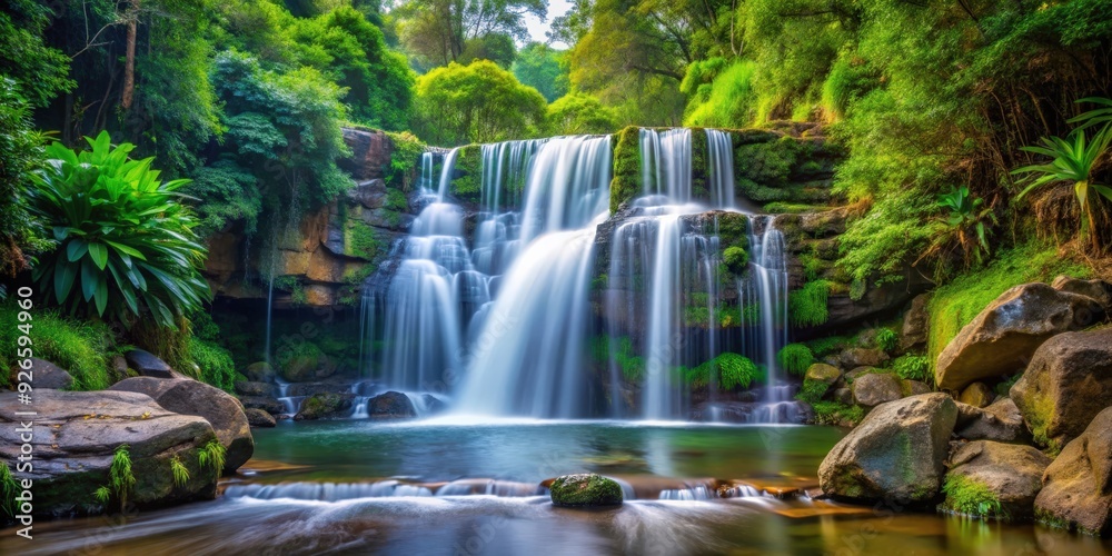 Tranquil waterfall cascading over rocks surrounded by lush greenery, waterfall, rocks, lush, greenery, nature, serene Tranquil waterfall cascading over rocks surrounded by lush greenery, waterfall, rocks, lush, greenery, nature, serene