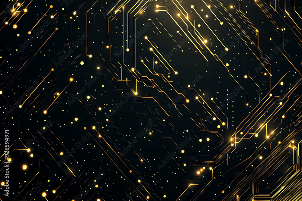 A modern abstract design featuring gold lines and dots representing network science and technology on a high-tech dark background. Ideal for templates, web design, and presentations A modern abstract design featuring gold lines and dots representing network science and technology on a high-tech dark background. Ideal for templates, web design, and presentations