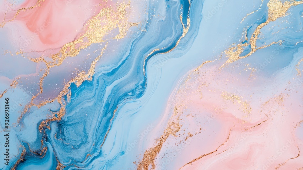 Naklejka premium A beautiful abstract marble texture with swirling blue and pink colors, adorned with gold glitter. It symbolizes fluidity, luxury, and the harmony of contrasting elements.