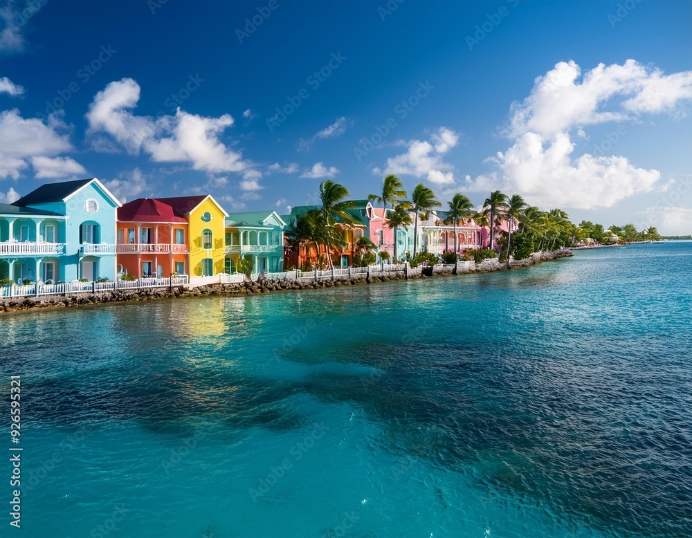 Obraz premium The houses along the Nassau coastline in the Bahamas are painted in vibrant colors, creating a captivating sight.