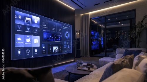 A smart home interface displayed on a large wall-mounted screen, showing real-time control over lighting, security, and appliances, with seamless integration of home automation systems in a modern