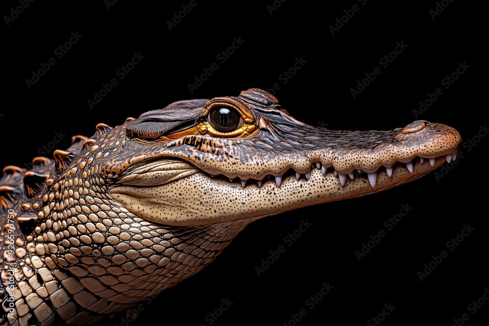 Obraz premium Photo of a crocodile isolated against a black background, emphasising the crocodile's majestic features. Wildlife and conservation concept, space for copy.