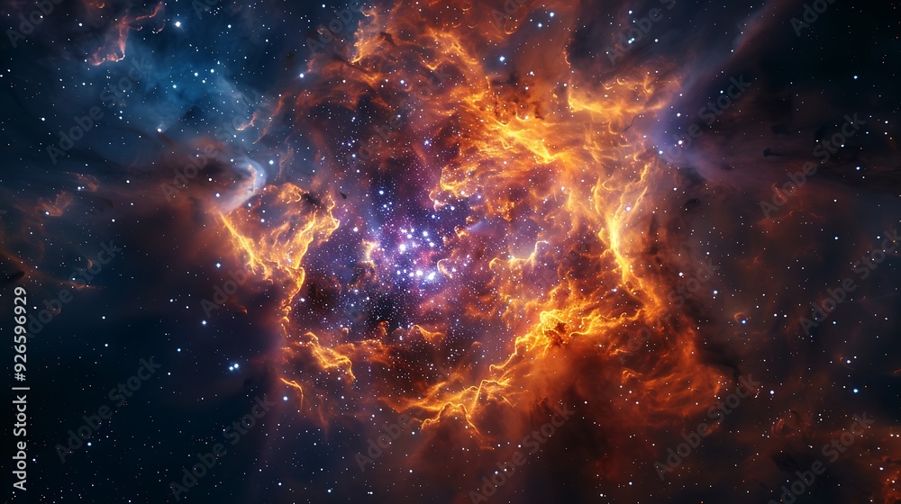 Obraz premium A supernova remnant with vibrant gas clouds and expanding debris, seen from a nearby planet, brilliant colors and dynamic shapes,