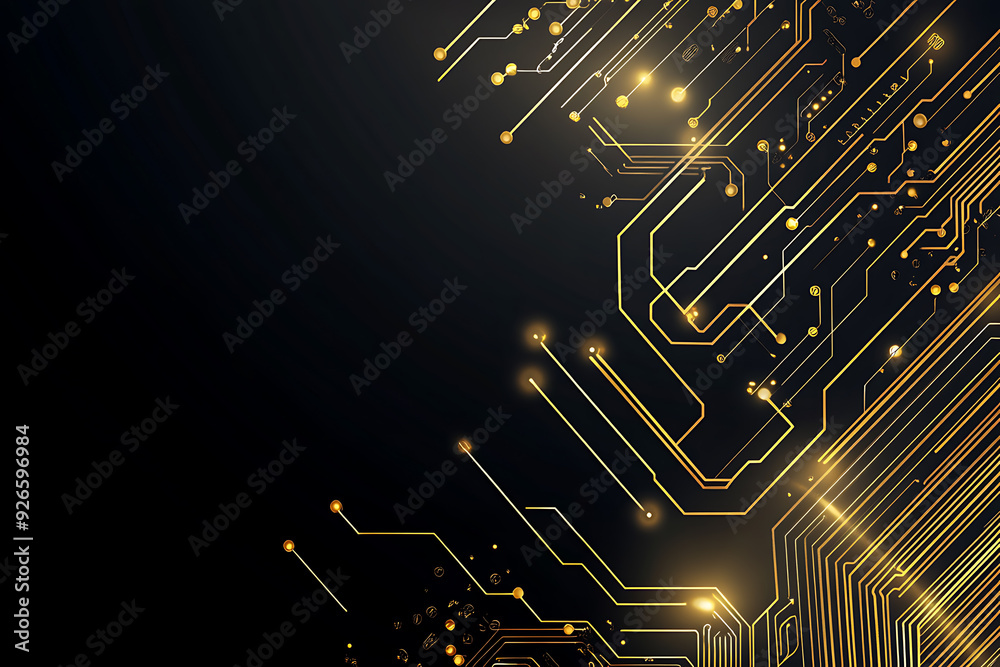 A modern abstract design featuring gold lines and dots representing network science and technology on a high-tech dark background. Ideal for templates, web design, and presentations A modern abstract design featuring gold lines and dots representing network science and technology on a high-tech dark background. Ideal for templates, web design, and presentations