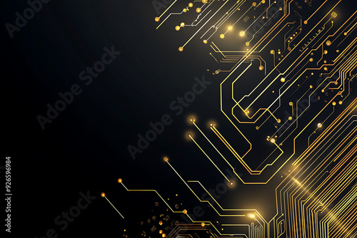 A modern abstract design featuring gold lines and dots representing network science and technology on a high-tech dark background. Ideal for templates, web design, and presentations