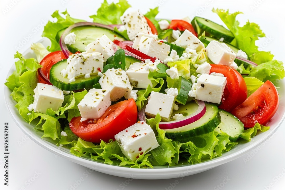 Fresh vegetable salad with lettuce, tomatoes, cucumbers and feta cheese. Healthy food concept. Perfect for stock images, recipe blogs, and nutrition articles. Generative AI Fresh vegetable salad with lettuce, tomatoes, cucumbers and feta cheese. Healthy food concept. Perfect for stock images, recipe blogs, and nutrition articles. Generative AI