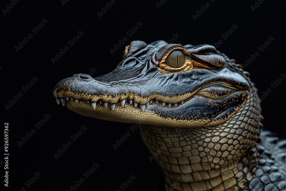 Obraz premium Photo of a crocodile isolated against a black background, emphasising the crocodile's majestic features. Wildlife and conservation concept, space for copy.