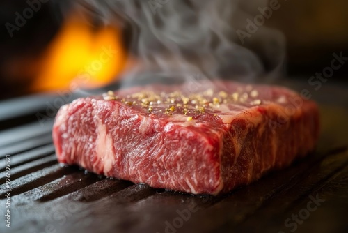 A close-up of a perfectly cooked steak on a hot grill, with steam rising, symbolizing deliciousness, grilling, meat, food, and culinary art.