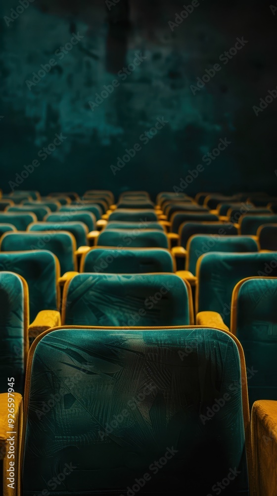 Fototapeta premium Empty rows of teal seats in a dimly lit movie theater create a nostalgic yet eerie atmosphere.
