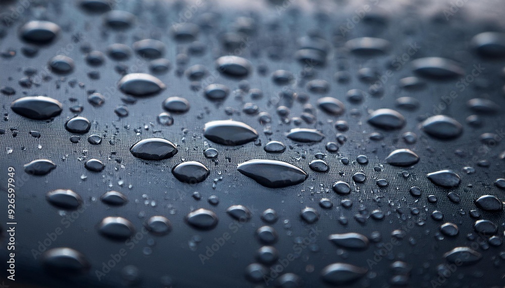 Water drops beading up on a waterproof surface, seen up close with a blurred background. Water drops beading up on a waterproof surface, seen up close with a blurred background.