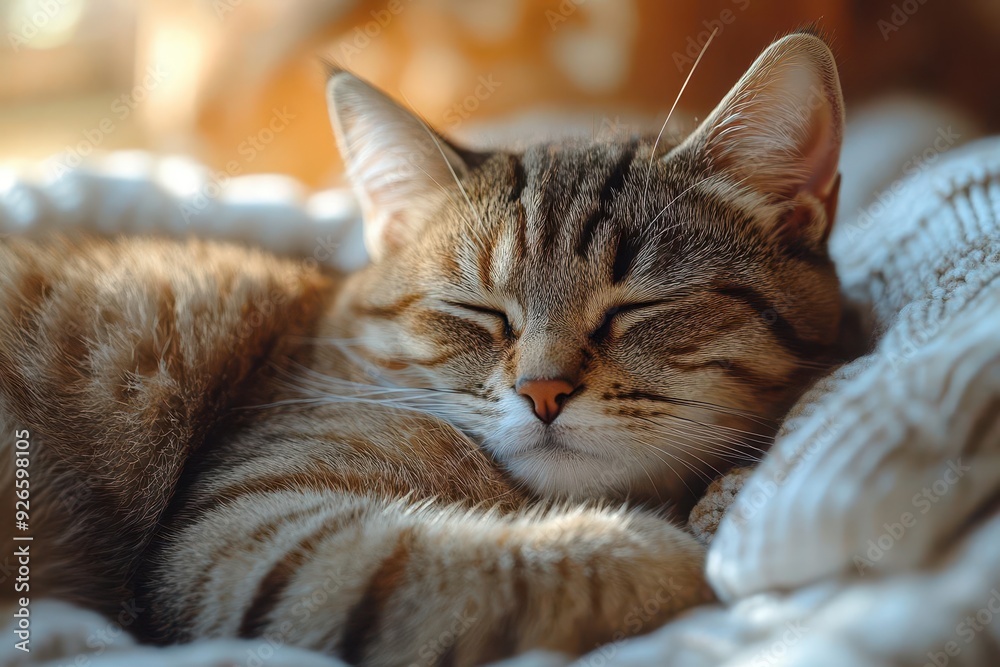 fluffy tabby cat curled up on plush bedding bathed in soft sunlight peaceful slumber with whiskers twitching cozy home atmosphere fluffy tabby cat curled up on plush bedding bathed in soft sunlight peaceful slumber with whiskers twitching cozy home atmosphere