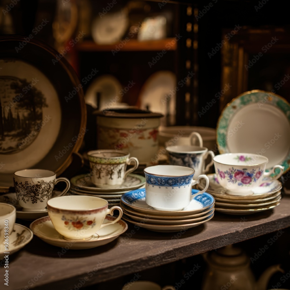 Fototapeta premium High-angle view of a collection of antique , porcelain teacups and saucers in a dusty antique shop , fujifilm x100f, f8, 1125s , iso 200