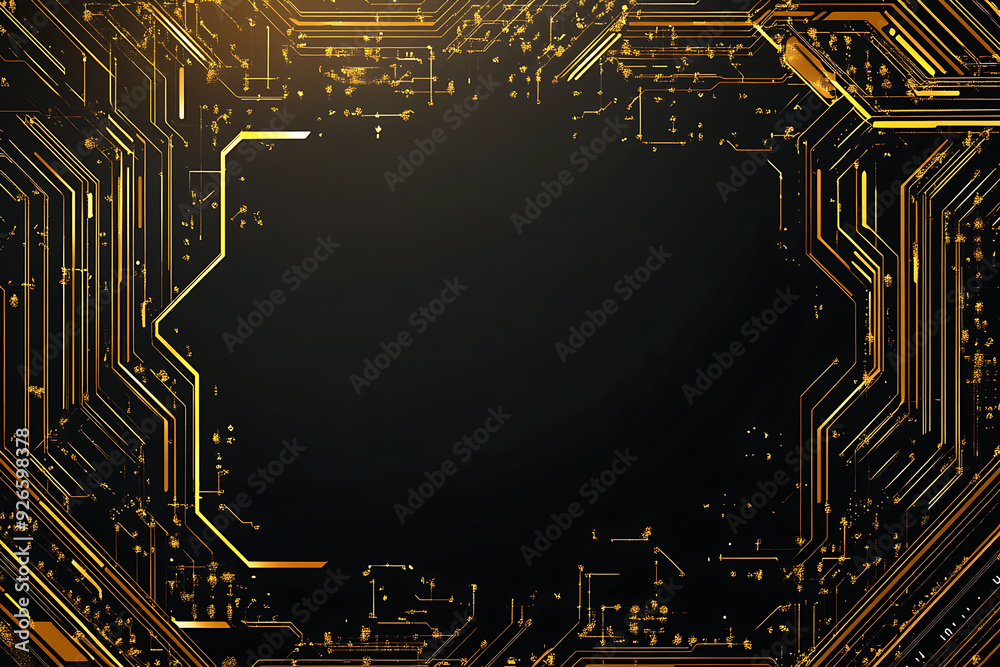 A modern abstract design featuring gold lines and dots representing network science and technology on a high-tech dark background. Ideal for templates, web design, and presentations A modern abstract design featuring gold lines and dots representing network science and technology on a high-tech dark background. Ideal for templates, web design, and presentations