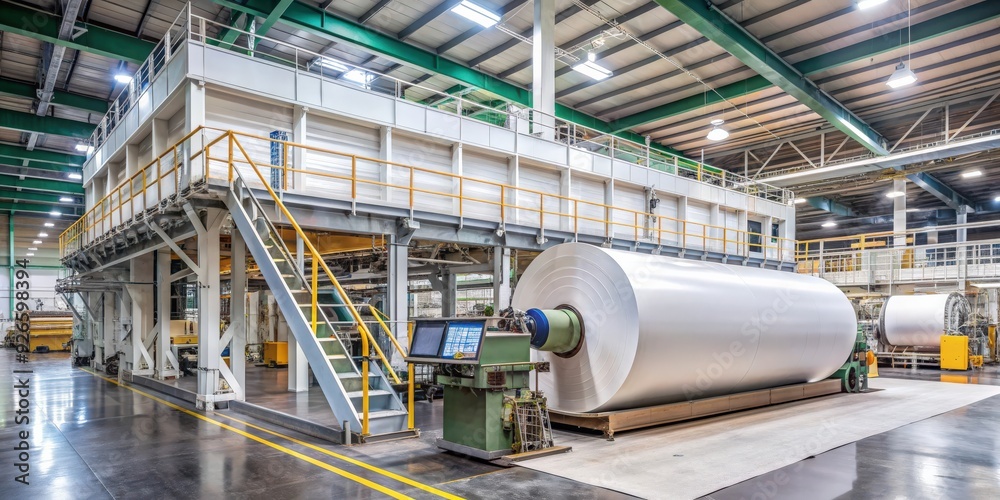 A large paper machine in a busy production area, paper, machine, production, industry, factory, manufacturing, equipment A large paper machine in a busy production area, paper, machine, production, industry, factory, manufacturing, equipment