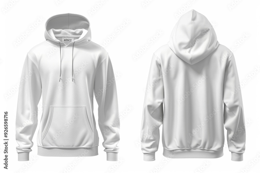 Front and back view of a plain white hoodie. Minimalist design, perfect for casual wear. High-quality fabric and modern fit. Ideal for mockups, branding and fashion displays. Generative AI