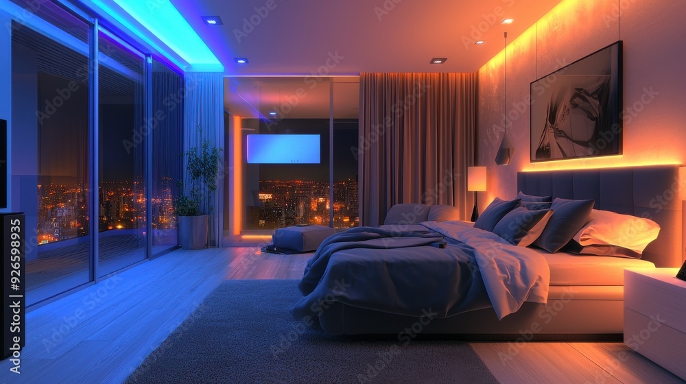 A smart home bedroom with AI-driven automation systems controlling lighting, temperature, and security features, and a voice-activated assistant providing information and entertainment in a sleek, A smart home bedroom with AI-driven automation systems controlling lighting, temperature, and security features, and a voice-activated assistant providing information and entertainment in a sleek,