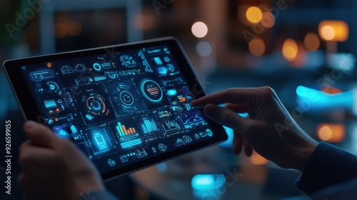 A business professional using a tablet to control various smart home devices, including lighting, temperature, and security, with an AI-driven automation system seamlessly integrating all functions